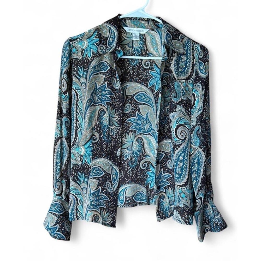 Petite Sophisticate Women’s 100% Silk Blue Brown Paisley Button Up Shirt Size 4 - Picture 2 of 7